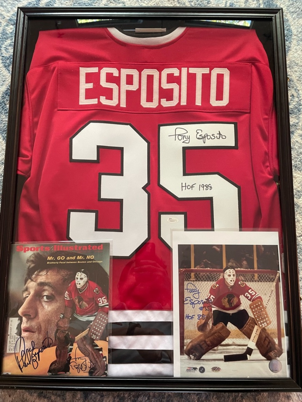 Tony Esposito signed Jersey, March 29th 1971 sports illustrated, & signed photo